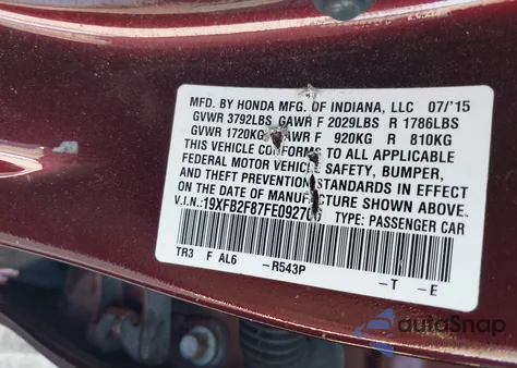 2015 Honda Civic Ex from USA, damaged, VIN 19XFB2F87FE092706